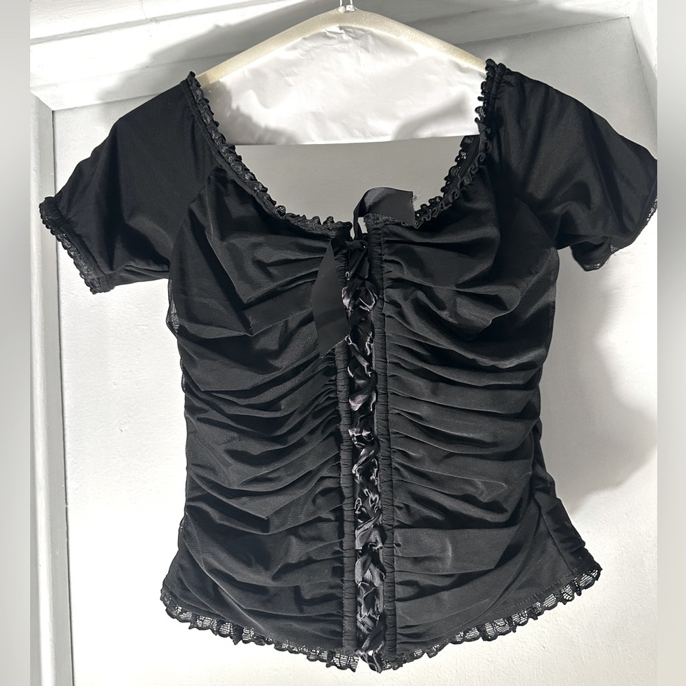 Claudio Milano Vintage Black Ruched Corset Lace Up Top Goth Whimsigoth Witchy 🖤